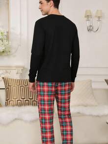 2pcs Men's Fashion Casual Plaid Christmas Pajama Set, Long Sleeve Round Neck Top With "Merry Christmas" & Antler Graphic And Loose Pants Sleepwear, Fall Winter Clothes - Black - View 2