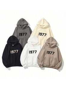 1pc Unisex High Street Style 1977 Letter Printed Hoodie - Men's Loose Fit Casual Hooded Sweatshirt-2025long Sleeve Tops Sudaderas Para Mujer - 灰色 - 查看 3