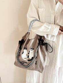 新款女士手提包，尼龙材质，双猫刺绣图案设计，大容量单肩包，轻便可折叠，四季皆宜，适合购物、通勤、户外活动、健身、节日聚会，也是一份惊喜礼物。 - 彩色 - 查看 2