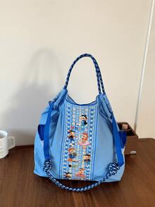 New Women's Tote Bag, Nylon Embroidered Animal Circus Pattern Design, Large Capacity Shoulder Bag, Lightweight Foldable, Suitable For All Seasons, Shopping, Commuting, Outdoor, Gym, Holiday Party, Surprise Gift - Multicolor - View 5