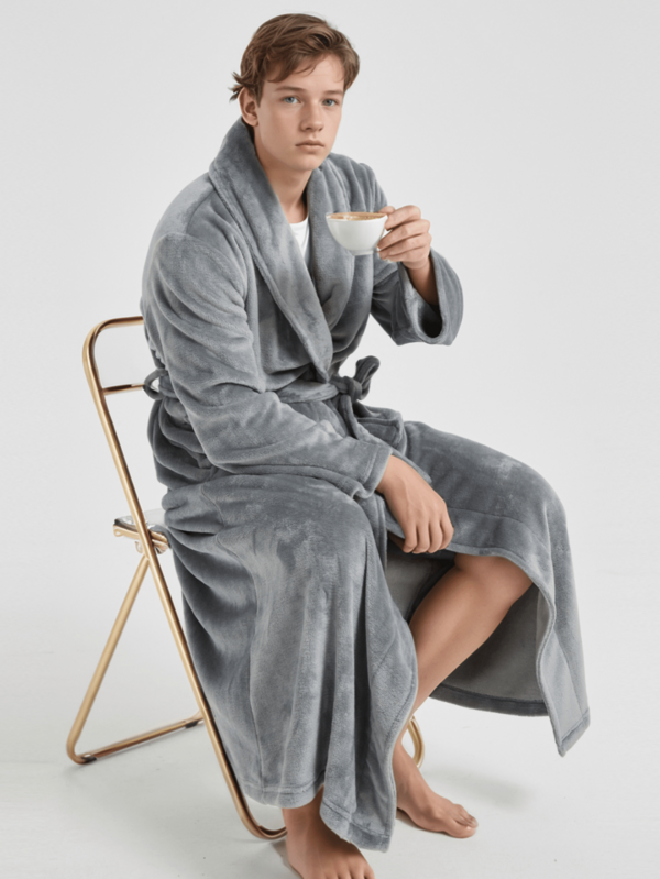 1pc Luxury Plush Flannel Long Robe, Turndown Collar Long Sleeve, Thick & Comfortable Waist Cinched, Large Pockets, Men Sleepwear Bathrobe