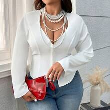 大码女式V领性感上衣，适合约会、度假和休闲穿着，纯色 - 白色 - 查看 8