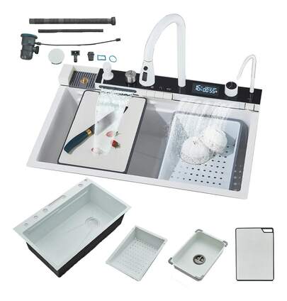 Lavello in acciaio inox 75 x 45 cm, grigio canna di fucile, doppia cascata digitale con rubinetto a cascata estraibile, dispenser di sapone, rubinetto con filtro per l'acqua, lavabicchieri con indicatore di temperatura a LED. Lavello multifunzione con accessori per lavello.