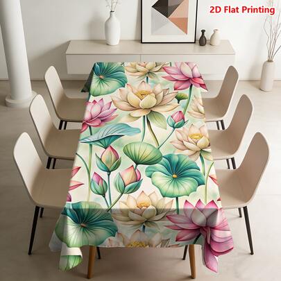 1/20pcs Spring Tablecloth, Featuring Vibrant Lotus Flowers And Green Leaves On A Soft Pastel Background, Made Of Polyester Fabric, Perfect For Holiday Decor, Spring Home/Kitchen/Outdoor Garden Party, Restaurant Ambiance, And An Ideal Gift For Friends And Family.