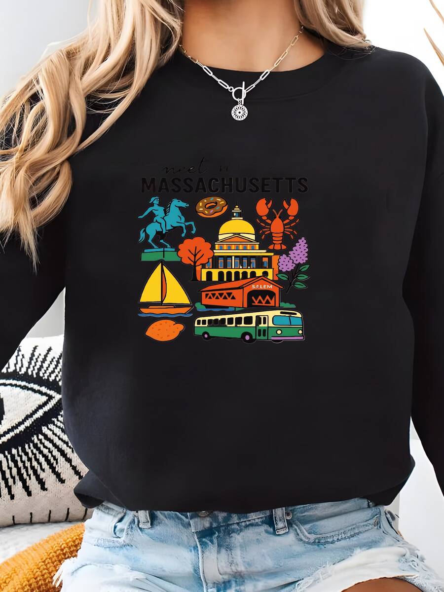 Sudadera De Massachusetts, Regalo De Larga Distancia, Regalo De Movimiento, Camisa De Massachusetts, Cuello De Tripulación De Massachusetts, Regalo De Movimiento, Nuevo Regalo De Trabajo Sudadera - Negro - Ver 1