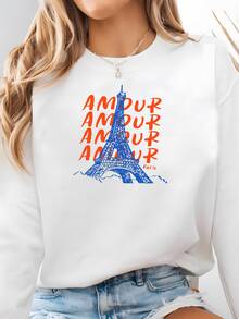 Sudadera De París, Cómodo Cuello Unisex, Amor Torre Eiffel, Sudadera De París, Oui Oui Croissant Cuello, Vacaciones Europeas Sudadera - Blanco - Ver 2