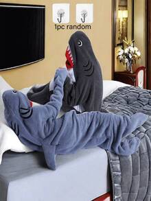 卡通鲨鱼睡袋，法兰绒睡衣，现代风格，柔软涤纶面料，可机洗，家居服，浴袍主题，针织面料 - 彩色 - 查看 10