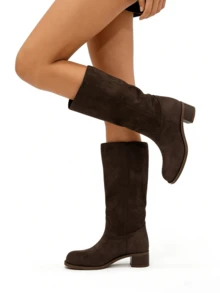 Knee High Boots Square Toe Chunky Block Heel Long Boots For Women Comfortable Low Heel Womens Boots - 巧克力色 - 查看 5