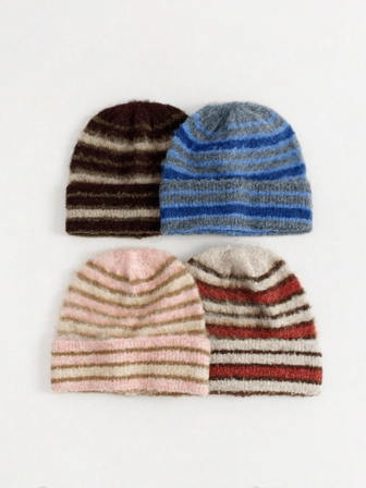 1pc Retro Striped Knit Hat, Women Winter Ear Warmer Beanie, Warm Knitted Cap, Unisex Patchwork Striped Pullover Beanie, Warm Ear Protection Headwear