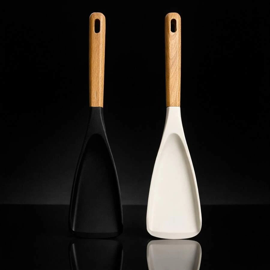 12英寸不粘锅硅胶勺，适用于搅拌、舀取和刮取，黑白两色 - 彩色 - 查看 1