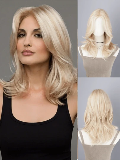 18 Inch Fashionable Light Golden Synthetic Wig, Medium Length Curly Wig Suitable For Women's Daily Wear, Rose Net High Temperature Fiber, High Density Basic Women Wig