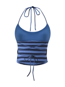 Women's Striped Two Piece Sets Summer Lounge Outfits Halter Neck Crisscross Open Back Tie Top And Fitted Shorts Matching Set Beach Vacation Travel Y2k - 藍色 - 查看 10