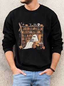 Hombres Camiseta De Lectura De La Biblioteca Fantasma ®, Cómoda Camiseta De Halloween Librera, Regalo De Bibliotecario Y Maestro, Esquina De Libro Espeluznante Sudadera - Negro - Ver 1