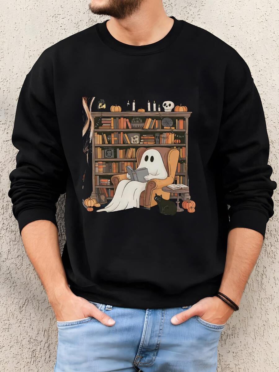Hombres Camiseta De Lectura De La Biblioteca Fantasma ®, Cómoda Camiseta De Halloween Librera, Regalo De Bibliotecario Y Maestro, Esquina De Libro Espeluznante Sudadera - Negro - Ver 1