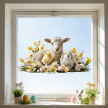 1/2pcs Spring Window Sticker Farm Animal Sheep Chick Rabbit With Daffodil Flower Design Removable Static Clings For Home Bedroom Glass Decor Festival Party Supplies Prop