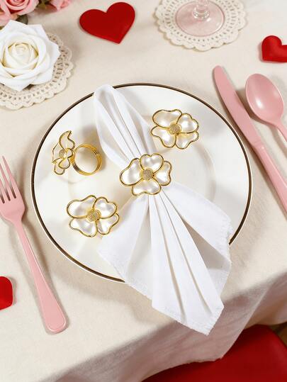 4-12个金色花朵餐巾环，情人节餐巾环，适用于餐桌装饰、晚宴、婚礼、餐饮活动