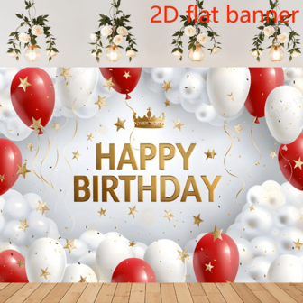 2D platt banderoll 1 st livfull gyllene födelsedagsbanderoll - Polyesterfotografibakgrund med röda och vita ballonger och silverkrona, mångsidig tygbakgrund för tårtbordsdekoration, festdekorationer, allmänt firande, vår- och sommarhelger, ingen elektricitet krävs