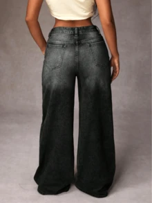 Women's Casual Denim Jeans (Couple Style - Wide Leg Fit), Suitable For All Seasons, Oversized Charcoal, High Waist, Full Length, Casual Outdoor Pants, Multi-Functional Daily Wear, Suitable For Family And Leisure, Slim Fit For Teenagers To Adults, Minimalist Design, Durable Denim Pants - 黑色 - 查看 2