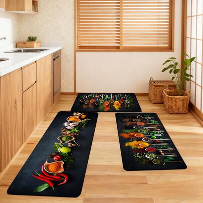 Thảm bếp 1/2/3 chiếc, thiết kế họa tiết thìa và gia vị trang nhã, với hình ảnh các loại gia vị đầy màu sắc như ớt, quế, nhục đậu khấu được trưng bày trong những chiếc thìa kim loại, tạo nên không gian bếp ấm áp và tự nhiên. Thích hợp cho phòng khách, phòng ngủ, nhà bếp, phòng ăn, lối vào, phòng tắm, phòng giặt, cũng lý tưởng cho dã ngoại ngoài trời, trang trí nhà kiểu nông trại. Mặt sau chống trượt, phụ kiện trang trí nhà cửa và nhà bếp thiết yếu, thiết thực và ấm cúng.