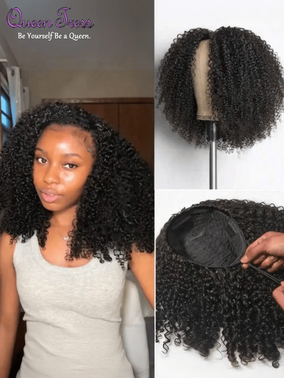 CEXXY 24" Kinky Curly Human Hair Half Wig 200% Density 3-In-1 Seamless Flip In Front Human Hair Half Wig Glueless Wear And Go Beginner Friendly Deep Wave Wigs Human Hair Headband Wig With Drawstring For Women - Natural Black - 查看 1