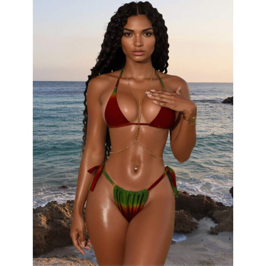Womens Bikini Set Two Piece Swimsuit Red/Green Tie Side Halter Low Back Push Up Triangle Thong Beach Bathing Suit - Nhiều màu 640 - Xem 1