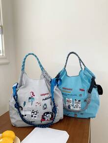 New Women's Tote Bag, Nylon Embroidered Cat Pattern Design, Large Capacity Shoulder Bag, Lightweight Foldable, Suitable For All Seasons, Shopping, Commuting, Outdoor, Gym, Holiday Party, Surprise Gift - Multicolor - View 6