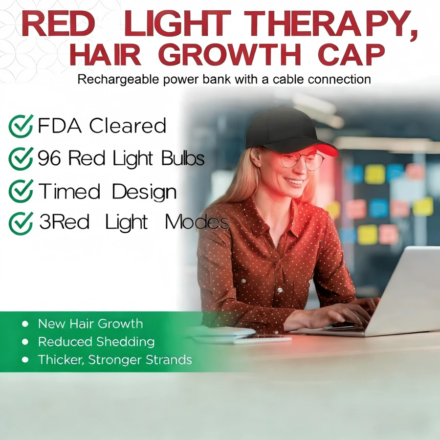 Wireless Red Light Cap For Hair Growth - USB Rechargeable, Wireless Red Light Therapy For Men & Women, Hair Loss Treatment, Hair Root Strengthening, Modern Design, Highquality Light Emission - 黑色 - 查看 1