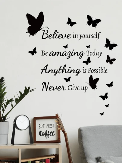 1pc Black Inspirational Wall Decal, Simple Butterfly & English Text Decor For Bedroom Background, Removable Matte Vinyl Wall Sticker For Living Room, Bedroom, Kids Room, Home Decor, Spring Decoration, Rama Decal Gift, Birthday/Graduation Present
