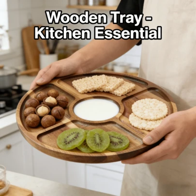 5-Compartment Flower-Shaped Multipurpose Serving Tray - Made Of Large Leaf Acacia Wood, Wooden Platter, Unbreakable. Heat-Resistant, Easy To Clean. Space-Saving. Divided Dessert Plate, Vegetable Dish, Versatile Use To Hold Various Foods Like Snacks, Candies, Fruits, Nuts And Cakes - Suitable For Home, Birthday, Party, Picnic, Yard And Ramadan Dishes Display. Essential Multi-Compartment Serving Platter, Kitchen Accessory, Ramadan Decor