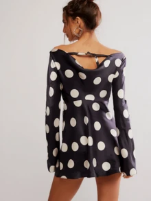 Polka Dots Short Dress For Women Long Sleeve Boat Neck Cowl Back A-Line Ruffle Hem Casaul Elegant Mini Dress - màu đen - Xem 2
