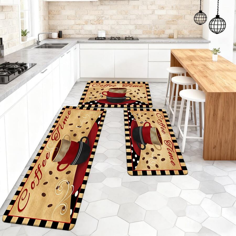 1/2/3pcs Coffee Time Theme Kitchen Rugs, Stacked Coffee Cups On Red & Black Striped Background With Coffee Beans, Vintage Style Design, Suitable For Living Room, Bedroom, Kitchen, Dining Room, Entryway, Bathroom, Laundry Room, Outdoor Picnic, Farmhouse Decor, Non-Slip Backing, Practical & Cozy Home Essentials - Multicolor - View 1