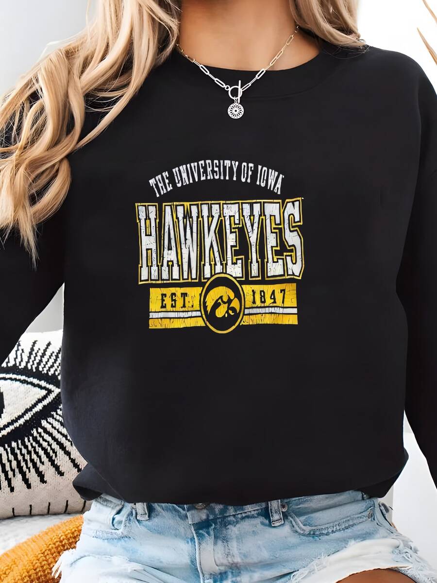 Sudadera De Cuello Gráfico Campeón De La Universidad Vintage De Hawkeyes Sudadera - Negro - Ver 1