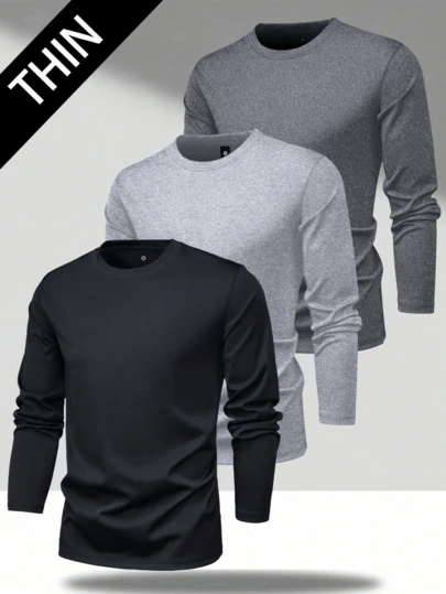3 件套男士纯色长袖 T 恤，春秋季基本款休闲 T 恤，适合海滩、度假、运动、高尔夫、钓鱼、篮球、露营、健身房、户外活动，薄款分层上衣，送给男朋友/丈夫的绝佳礼物，度假