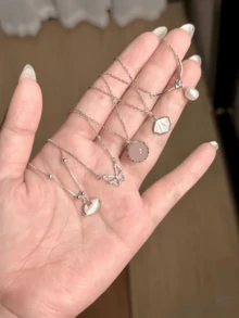 5件套优雅设计项链，镶嵌白色玉月光石，简约奢华百搭的颈链，点缀小珍珠，适合日常佩戴 - 鎖心型 - 查看 5