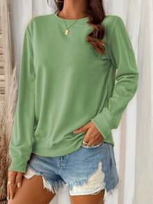 Crew Neck Long-Sleeve Top With Relaxed Fit, Comfortable Wearing Experience, Ideal For Daily Casual Activities, Easy To Pair With Different Bottoms, Suitable For Spring And Autumn - 綠色 - 查看 3