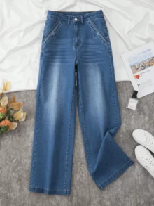 Women's Casual Denim Jeans (Waist Cinching And Hip Lifting - Small Size, Light Washed), Simple Style, Suitable For All Seasons, Loose Hem, Back Pocket Design, Suitable For Daily Wear - 淺色水洗 - 查看 5