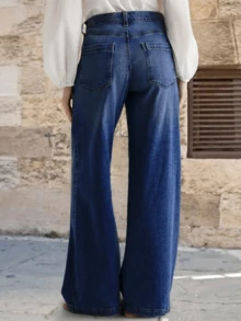 Women's Casual Denim Jeans (Waist Cinching And Hip Lifting - Small Size, Dark Washed), Simple Style, Suitable For All Seasons, Loose Hem, Back Pocket Design, Suitable For Daily Wear - 深色洗 - 查看 3