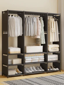 1pc Multi-Functional Space-Saving Wardrobe Storage Rack, Large Capacity Closet Storage Space With Hanging Rod And Shelves, Easy To Assemble, DIY Foldable Bedroom/Dorm Clothes & Shoes Organizer (Black/White) - Multicolor - View 6