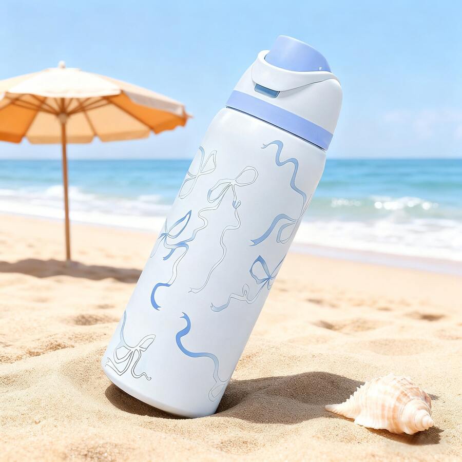 Owa Laa Blue Ribbon Bow Water Bottle,32oz/945ml,With A Straw,Keeps Drinks Hot Or Cold,Can Hold Iced Drinks And Water,Has A Beautiful Appearance,Suitable For Leisure,Work,Sports,Indoors And Outdoors,Suitable For Students And Office Workers,As A Gift - Xanh và trắng - Xem 1