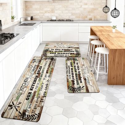 1/2/3pcs Kitchen Rugs With Vintage Wood Grain Background And Handwritten Text Design, Featuring Warm Phrases Like "The Kitchen Is The Heart Of The Home", "We Create Chaos And Memories Here", "Happiness Is A Kitchen Full Of Love", Decorated With Olive Branch Patterns, Suitable For Living Room, Bedroom, Kitchen, Dining Room, Entryway, Bathroom, Laundry Room, And Outdoor Picnic/Farmhouse Decor, Non-Slip Backing, Essential Home Decor, Kitchen Accessory, Practical And Cozy