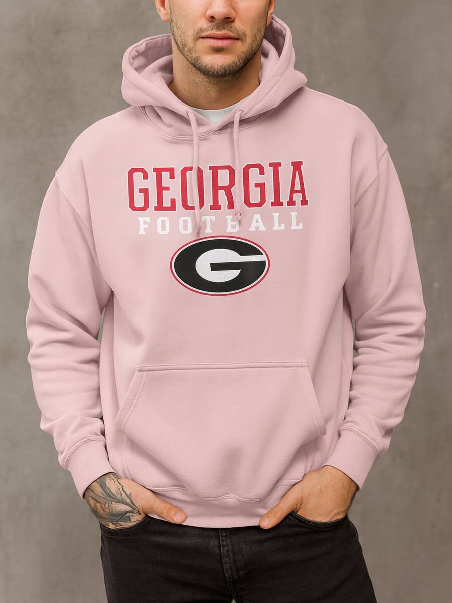 Georgia Football Logo Print Men's Autumn Soft Loose HoodedShirt,Long Sleeve Pocket Sweatshirt,Breathable Casual Fashion - 粉色 - 查看 1