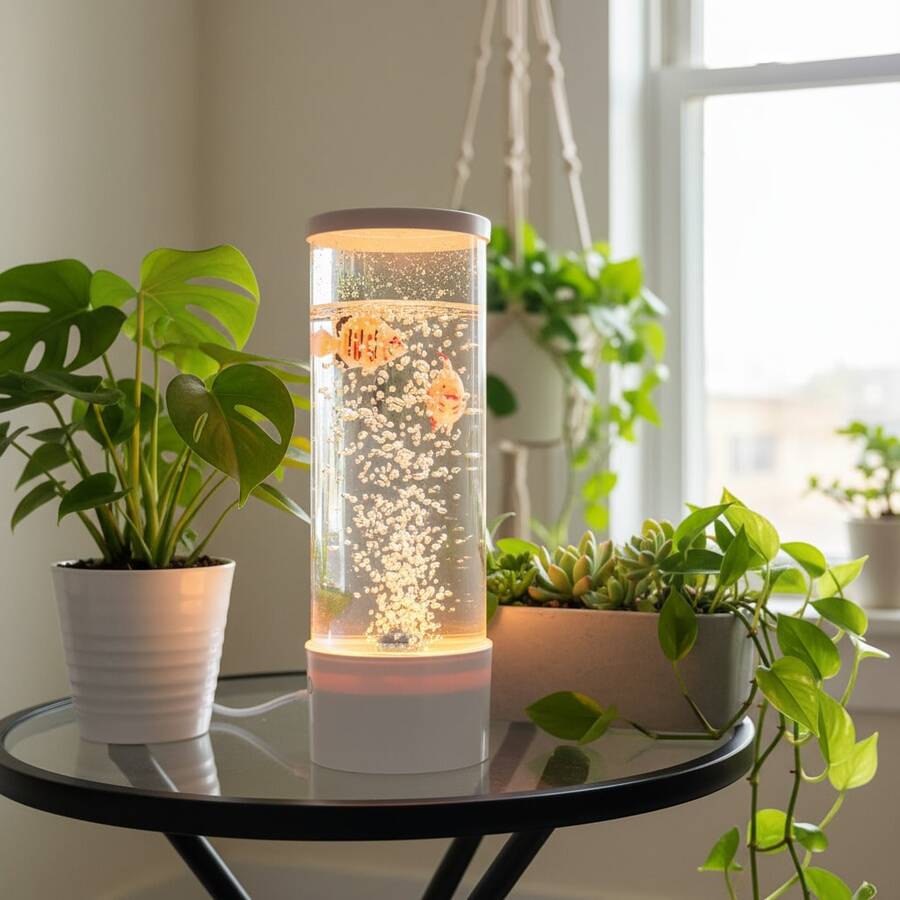 QUIGO Bubble Fish Lamp Aquarium Light | Color-Changing Mood Light | 3 Floating Fake Fish | Aesthetic Home Office Gaming Room Decor | Auto Color Change | Cool Gift Idea - White - View 1