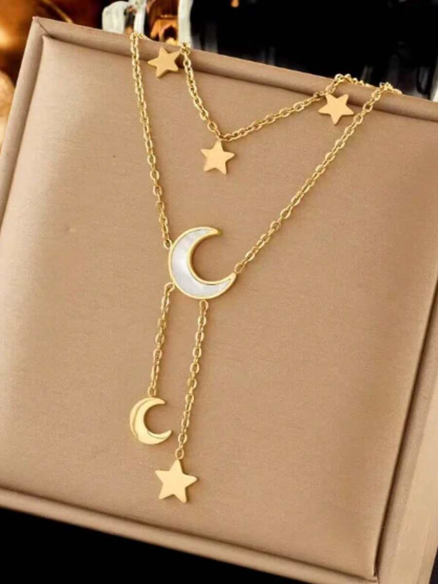 1件优雅温柔月亮吊坠双层项链，女士款，开斋节礼物 - 彩色 - 查看 1