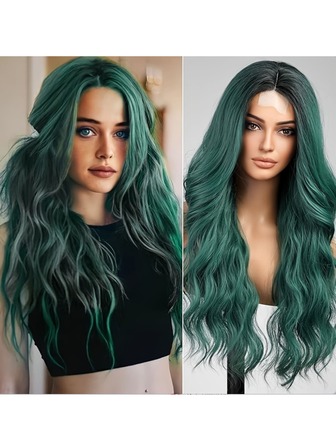 合成纤维耐热U型蕾丝假发，4*2波浪卷发，26英寸，绿色，中号，日常佩戴，高品质女士假发，外观自然，高品质柔软合成假发，适合狂欢节音乐节等场合。