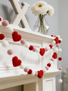1 Set Heart-Shaped Floral Garland, Romantic Pom Pom Heart Hanging Decor, Love Theme Home Decoration For Valentine's Day, Party, Wedding Anniversary, Photo Prop, Fireplace, Living Room, Bedroom, Door, Window, Seasonal Decor - Multicolor - View 6
