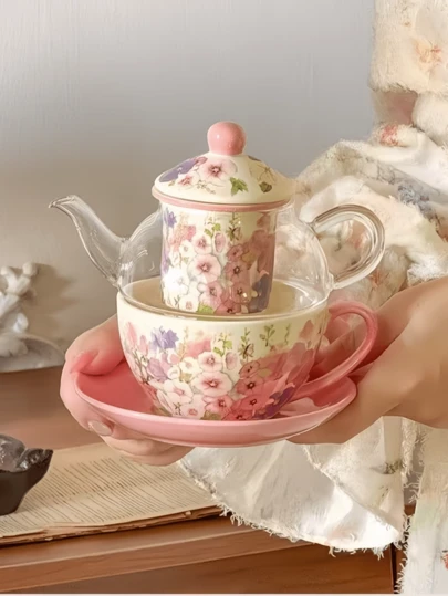 1 Set Floral Ceramic Tea Set Including Teapot And Cups & Saucers, French Retro Luxurious Floral Afternoon Tea, Dessert Serving Set, Elegant Countryside Tea Party, Gathering, Gift, Suitable For Restaurant, Living Room, Tea Room