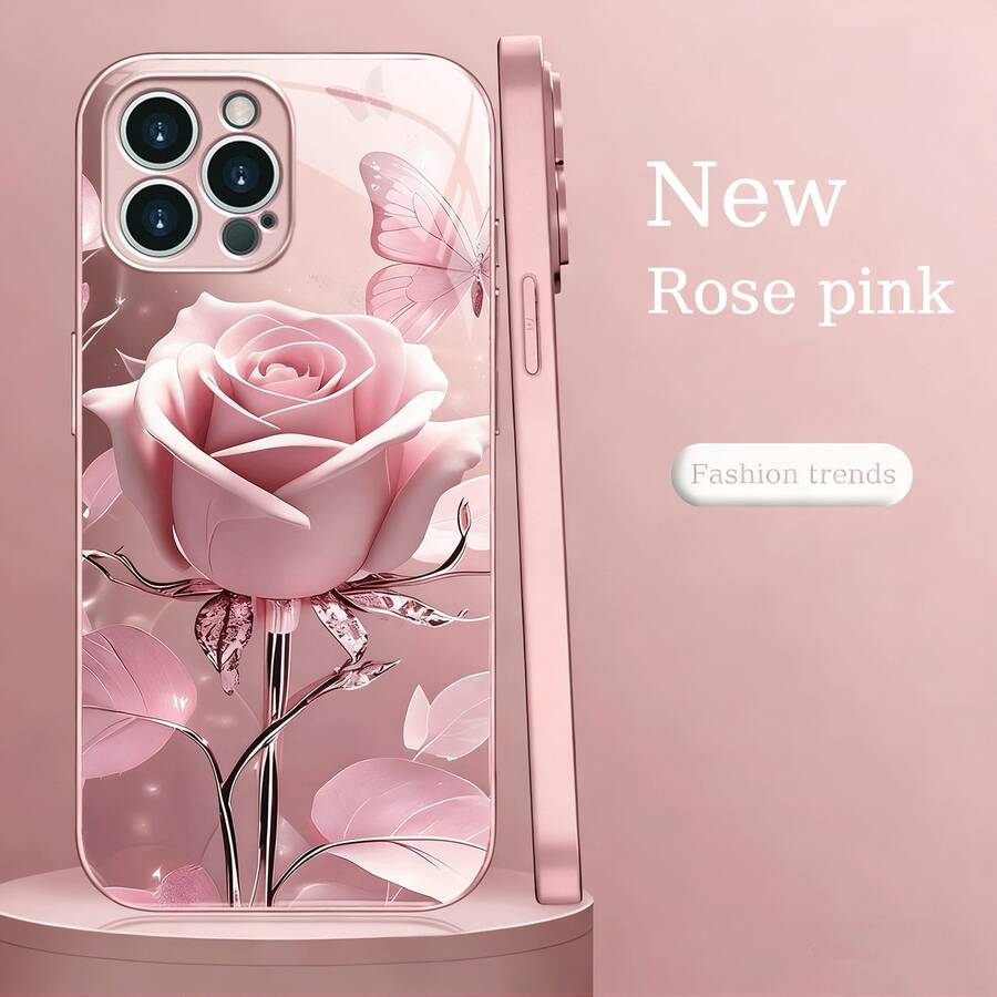 Pink Rose Butterfly Elegant  Phone Case - Compatible With IPhone 17/17 Air/17 Pro/17 Pro Max/16/16 Pro/16 Plus/16 Pro Max/16e/15/15 Pro/15 Pro Max/14/14 Pro/14 Plus/14 Pro Max/13/13 Pro/13 Pro Max - Shockproof, Durable, Fashionable Design - Pink - View 1