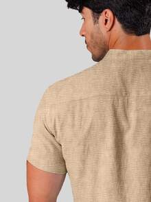 Men's Short Sleeve Linen Look Dress Shirt With Priest Collar - Shirt For Summer 2025 - Fresh Shirt - Beach Fashion - 杏色 - 查看 5
