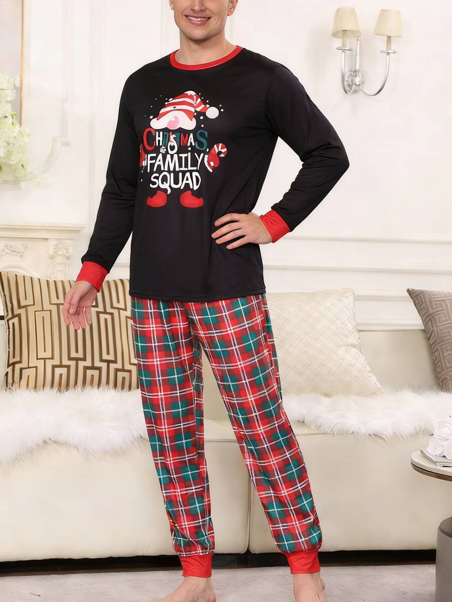 2pcs Men's Fashion Casual Plaid Christmas Pajama Set, Long Sleeve Round Neck Top With "Merry Christmas" & Antler Graphic And Loose Pants Sleepwear, Fall Winter Clothes - Black - View 1