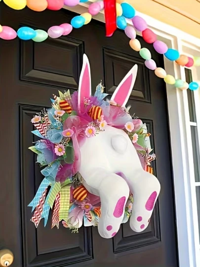 1pc Classic Easter Bunny Wreath - Plastic Animal Theme Wall Decor, Suitable For Indoor/Outdoor Easter Door And Window Ornaments, Spring Holiday Decorations, Easter Decorations